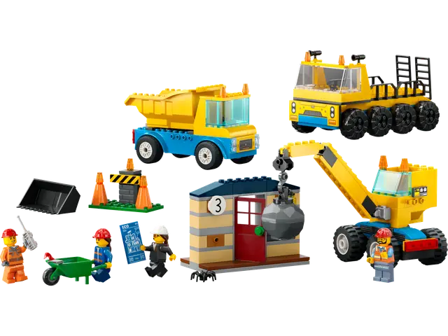 Lego® Baufahrzeuge und Kran mit Abrissbirne